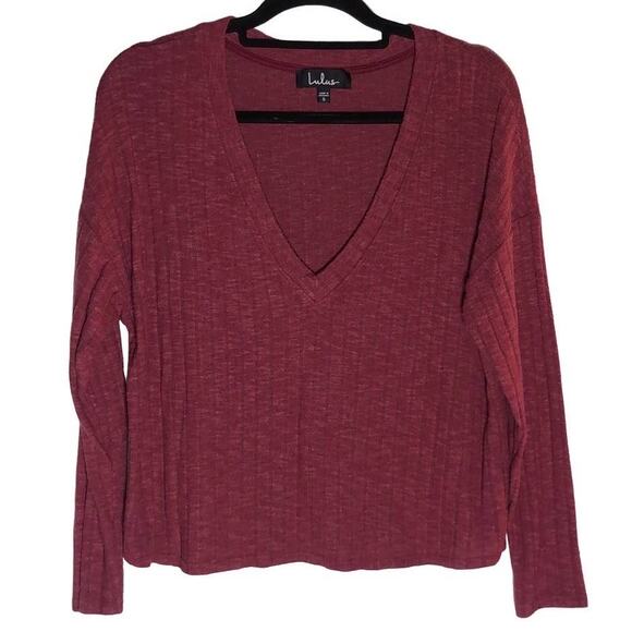 Lulus Deep V-neck Ribbed Sweater Women's Size Small Burgundy Red Knit Top - Picture 1 of 8